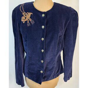 Vintage 80's Plaza South Blue Embroidered Velvet Button-Up Jacket Womens Size 12